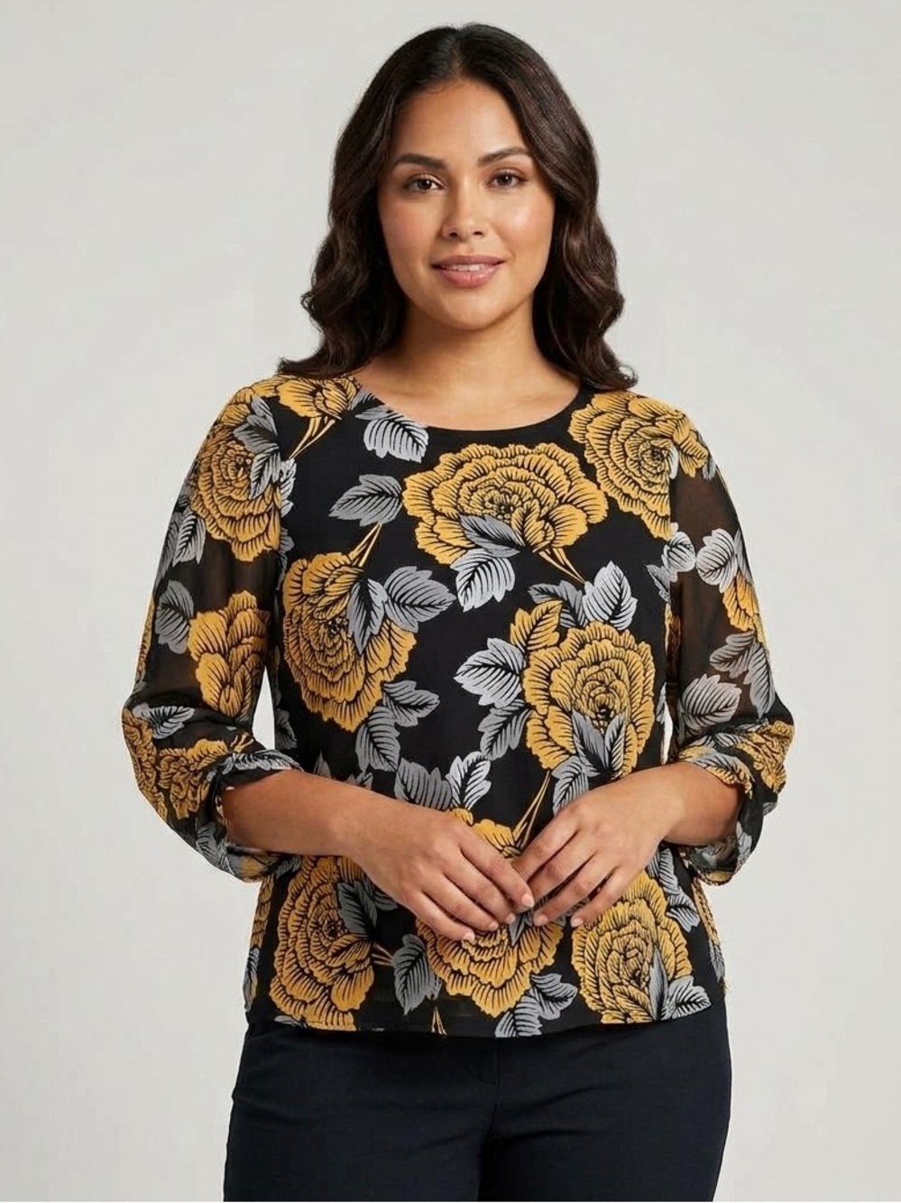 Alfani Petite Fall Womens Floral Long Sleeve Blouse Black Yellow Grey Size PS
